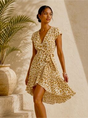 XIX Palms Santiago Ruffle Wrap California Coastal Cap Flutter Sleeve Dress NWT